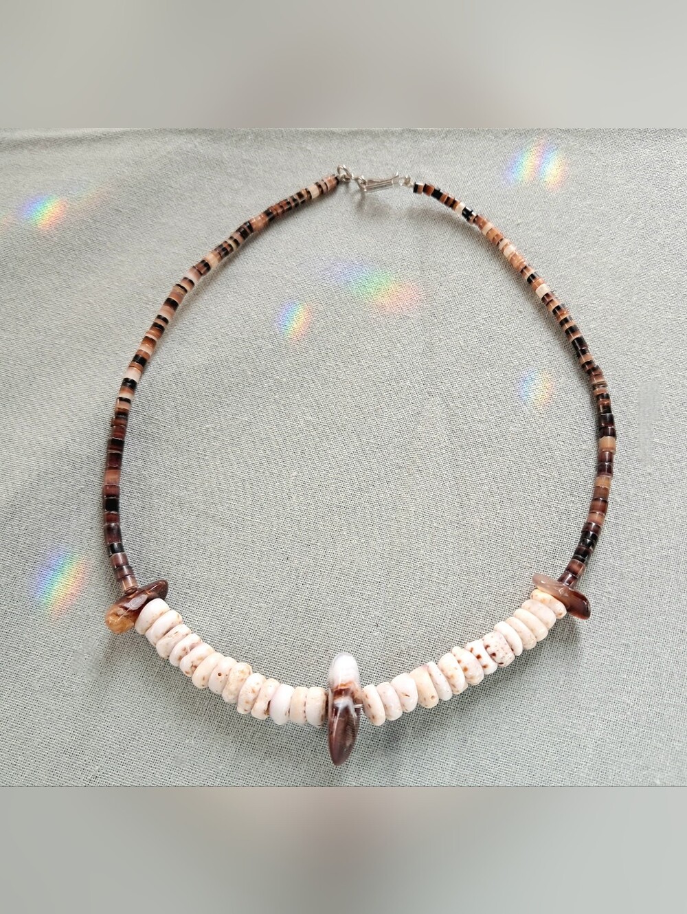 Vintage Santo Domingo Brown Agate,Tiger Puka Shell & Tortoise Heishi Beaded Chok